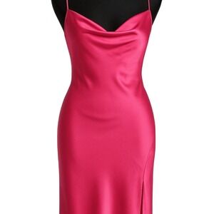 Bishop + Young Fuchsia Pink Satin Cowl Neck Midi Slip Dress Side Slit NWT XS